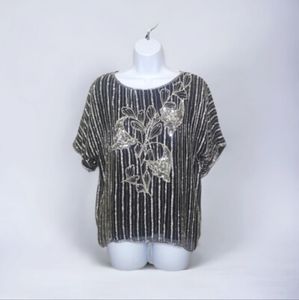 Scala Vintage Beaded Sequin Floral Silk Top